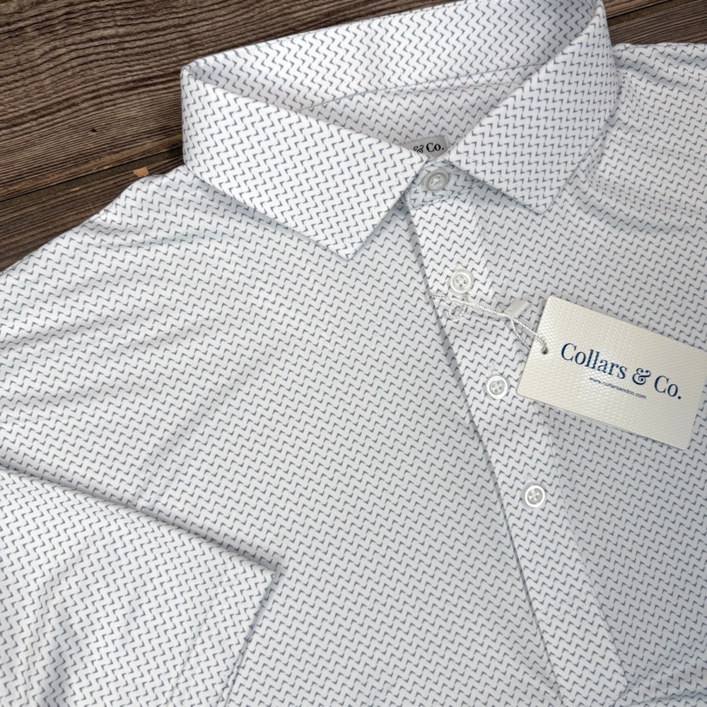 Collars & Co Men XL Polo Shirt White Gray Pulse Geometric Firm Dress Collar NEW - Picture 3 of 10